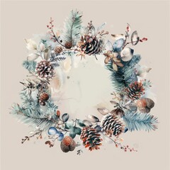 Aufkleber - This is a watercolor painting of a winter wreath. The wreath is made of pine branches, pine cones, berries, and other winter foliage. The wreath is set against a beige background. The painting is in a