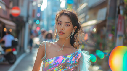 Wall Mural - portrait of beautiful Japanese fashion model wearing luxury high fashion dress on the street