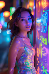 Wall Mural - portrait of beautiful Japanese fashion model wearing luxury iridescent dress on the street at night