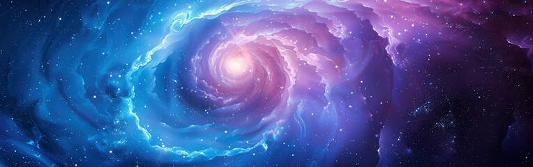 Poster - A digital artwork depicting a swirling vortex of vibrant blue and purple clouds against a backdrop of a starry night sky. The clouds create a mesmerizing spiral pattern, converging towards a bright, w