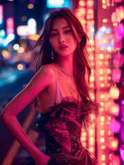 Wall Mural - portrait of beautiful Japanese fashion model wearing luxury high fashion dress on the street at night