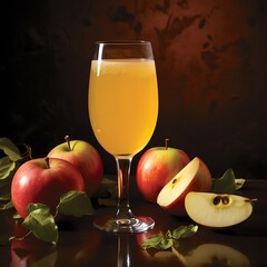 Apple juice in glass on rustic wooden table