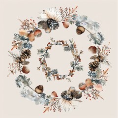 Aufkleber - This image is a watercolor illustration of two winter wreaths with pine cones, berries, and acorns. The wreaths are made of pine branches, leaves, and other winter foliage. The wreaths are surrounded 