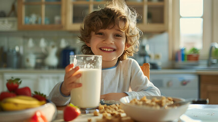 A child holding a large glass of milk with a smile, sitting at a breakfast table with a bowl of cereal and fresh fruit, natural light highlighting the scene