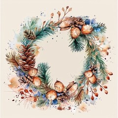 Poster - This is a watercolor painting of a winter wreath. The wreath is made of pine branches, berries, nuts, and other natural elements. The painting is done in a realistic style and the colors are vibrant a