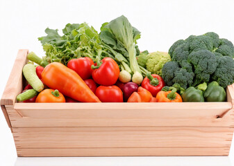 Wall Mural - wooden box with vegtables isolated on white background