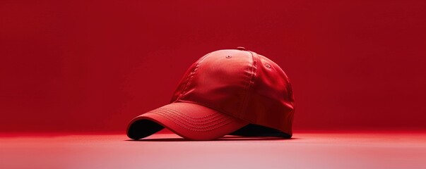 A branded sports cap with an embroidered logo, placed on a solid red background, providing space for additional branding elements.