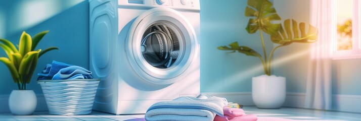 Poster - A white washing machine is in a bright room with a window, with clean, neatly folded laundry in front of it. Generative AI