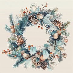 Aufkleber - This image is a watercolor illustration of a winter wreath made with pine branches, pinecones, red berries, and acorns. The wreath is depicted in a circular shape, creating a sense of completeness and