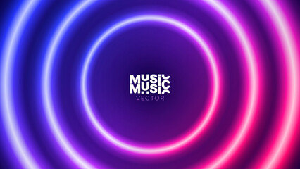 Poster - Blue Pink Neon Round Frame. Neon Circle Ring Shape with Space for Text. Ring Light 80s Retro Music Disco Party Banner. Fashion Show Stage Backdrop. Vector Illustration.