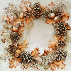 Poster - This watercolor painting features a circular wreath composed of pine cones, acorns, oak leaves, and sprigs of evergreen. The wreath is painted in warm browns and tans, with hints of green and red. It 