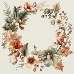 Aufkleber - This image shows a watercolor painting of an autumnal floral wreath. The wreath is composed of various flowers, leaves, and berries in shades of brown, orange, and green. The flowers are in full bloom