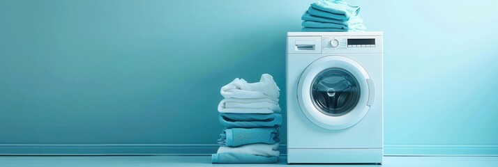 Poster - A white washing machine stands against a blue wall with stacks of clean, folded laundry. Generative AI