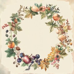 Poster - This watercolor painting depicts a lush autumn wreath composed of vibrant berries, leaves, and small fruits. The wreath is arranged in a circular shape with a blank center, creating a beautiful and in