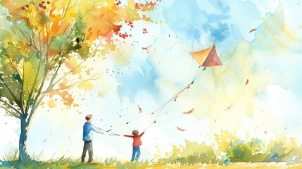 A watercolor painting depicts a father and son flying a kite on a bright, sunny day. The background features a large, leafy tree with hints of autumn foliage. The sky is painted in shades of blue, whi