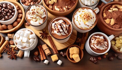 Wall Mural - A decadent hot chocolate bar featuring mugs of rich hot chocolate topped with whipped cream