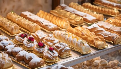 Wall Mural - A stunning display of exquisite pastries including croissants, clairs, mille-feuille