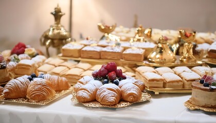 Wall Mural - A stunning display of exquisite pastries including croissants, clairs, mille-feuille