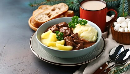 Wall Mural - A comforting winter meal featuring a bowl of steaming beef stew with vegetables