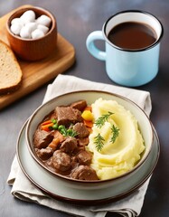Canvas Print - A comforting winter meal featuring a bowl of steaming beef stew with vegetables