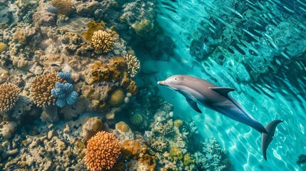 Dolphin swimming near coral reef in clear tropical waters, marine life and ecosystem concept