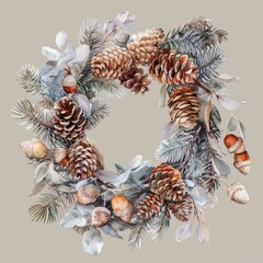 Aufkleber - This watercolor painting depicts a winter wreath made of pine branches, pine cones, and acorns. The wreath is decorated with a frosted effect, giving it a wintery feel. The colors are soft and muted, 
