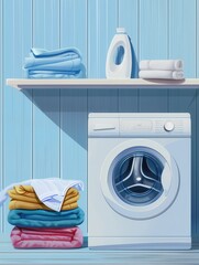 Poster - A white washing machine sits next to a stack of freshly folded laundry in a blue room. Generative AI