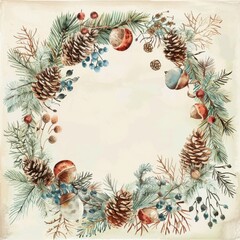 Poster - This image features a watercolor painting of a winter wreath made with pine branches, pine cones, berries, and acorns. The wreath is circular and is depicted on a light beige background. The colors ar