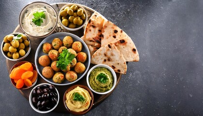 Poster - A vibrant Mediterranean mezze platter with an array of dishes- hummus, baba ganoush