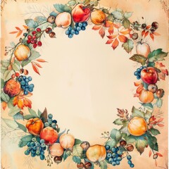 Aufkleber - A watercolor painting depicting a wreath made of autumn fruits and leaves. The wreath features red and green apples, clusters of blue grapes, and vibrant orange and green leaves. The background is a l