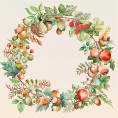 Aufkleber - This image shows a watercolor illustration of an autumn wreath made of branches and leaves. It features a variety of colorful fruits and berries, including red raspberries, green apples, and brown aco