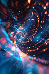 Wall Mural - An abstract visualization of data flow in virtual reality, featuring a dynamic, swirling tunnel of glowing orange and blue particles with a bokeh effect