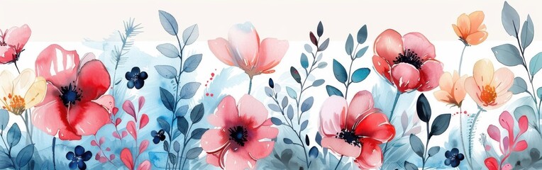 Aufkleber - This image is a watercolor painting featuring a vibrant bouquet of flowers. The painting showcases a range of pink, red, and yellow flowers, rendered in delicate brushstrokes. The flowers are surround