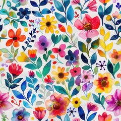 Poster - This image showcases a vibrant watercolor floral pattern featuring a diverse range of flowers and leaves. The flowers are painted in various shades of red, yellow, pink, blue, purple, and orange, crea