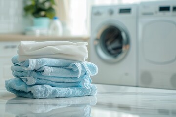 Poster - A stack of neatly folded, blue towels sits on a countertop next to a white washing machine. Generative AI