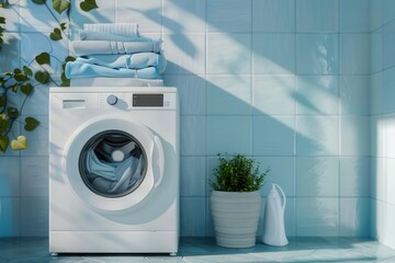 A white washing machine sits in a tiled bathroom with folded laundry stacked on top. Generative AI