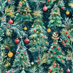 Poster - A festive watercolor pattern featuring Christmas trees adorned with red and yellow ornaments, with a green and white background. The intricate details of the trees and ornaments create a cheerful and 