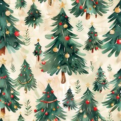 Poster - This digital illustration features a watercolor pattern of Christmas trees with red and gold ornaments. The trees are depicted in varying sizes and positions against a soft, off-white background.