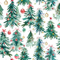 Poster - This watercolor image features a seamless pattern of green Christmas trees with red and gold ornaments. The trees are painted in a whimsical style, with some having red bows and others having gold sta