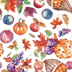Poster - This is a watercolor seamless pattern featuring autumnal harvest elements. The pattern includes colorful pumpkins, apples, plums, grapes, and leaves on a white background. The artwork evokes a sense o