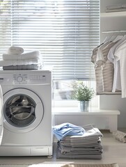 Aufkleber - A white washing machine with a closed door sits in a laundry room with a window and blinds. A stack of neatly folded laundry is in front of the machine. Generative AI