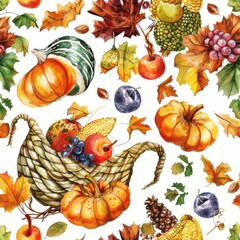 Poster - A watercolor illustration depicting a cornucopia overflowing with autumn harvest bounty. The cornucopia is filled with pumpkins, corn, grapes, apples, and plums, surrounded by colorful autumn leaves. 