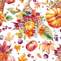Poster - This image is a watercolor illustration of a variety of autumn harvest items. The image features pumpkins, grapes, berries, and leaves. The items are arranged in a pattern that is both beautiful and f