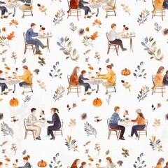 Poster - This watercolor pattern features multiple people sitting at tables eating together. The scene is set in the fall, with autumn leaves and pumpkins scattered around the tables. The people are dressed in