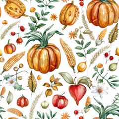 Poster - This image features a watercolor pattern with pumpkins, apples, corn, and fall foliage. The pattern is set against a white background and features various fall harvest elements, including pumpkins, ap