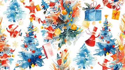 Aufkleber - This image features a watercolor Christmas pattern. The pattern is set on a white background and includes various festive elements. It features multiple Christmas trees decorated with ornaments, red a
