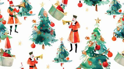 Aufkleber - This image features a whimsical watercolor pattern with Christmas trees, Santa Claus figures, and ornaments. The Santa Clauses are playing trumpets and are dressed in traditional red and white suits. 