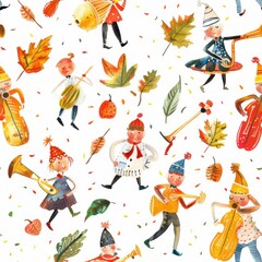 Poster - A watercolor illustration features a whimsical group of children playing various instruments in a setting of autumn leaves and confetti. The children are dressed in festive attire and are positioned i