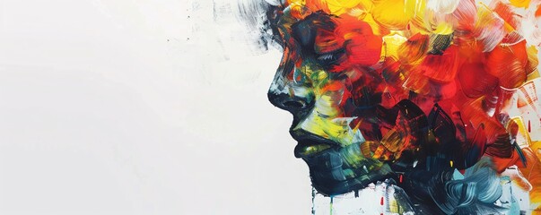 Vibrant modern artwork featuring a woman's profile on a white backdrop