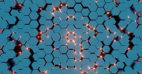 Poster - Futuristic 3D Render of Glowing Hexagonal Pattern - Neon Blue and Red Geometric Design